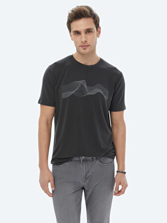 Antrasit Baskılı Bisiklet Yaka T-Shirt