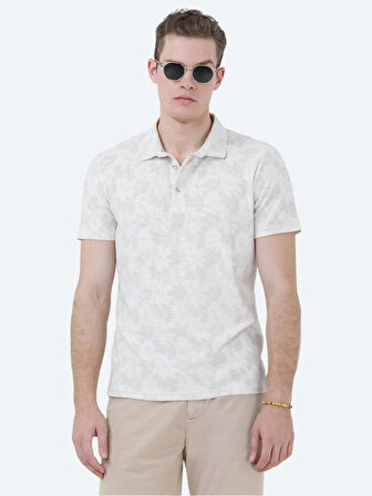 Bej Baskılı Polo Yaka Pamuk Karışımlı T-Shirt