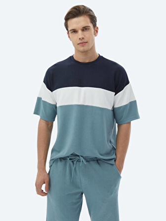 Mavi Çizgili Bisiklet Yaka T-Shirt