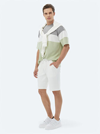 Ekru Düz Örme Jogging Fit Casual Bermuda