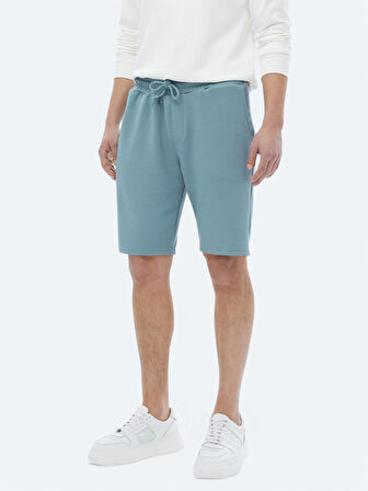 Mavi Düz Örme Jogging Fit Casual Bermuda