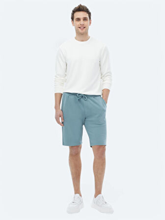 Mavi Düz Örme Jogging Fit Casual Bermuda