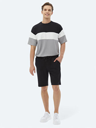 Siyah Düz Örme Jogging Fit Casual Bermuda