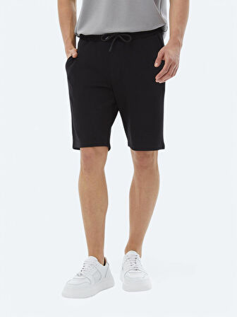 Siyah Düz Örme Jogging Fit Casual Bermuda