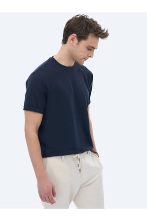 Lacivert Düz Bisiklet Yaka T-Shirt