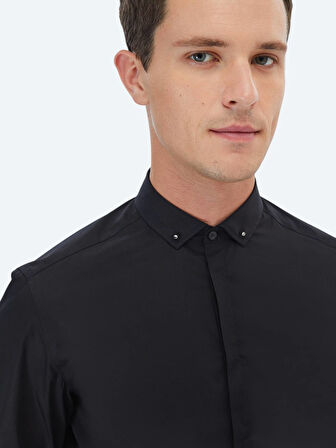 Siyah Düz Slim Fit Dokuma Klasik %100 Pamuk Gömlek