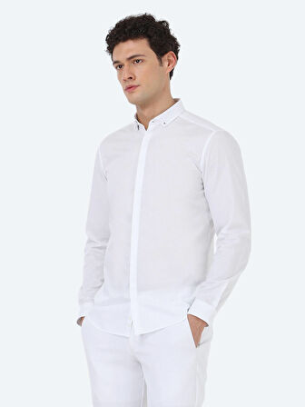 Beyaz Düz Slim Fit Dokuma Klasik %100 Pamuk Gömlek