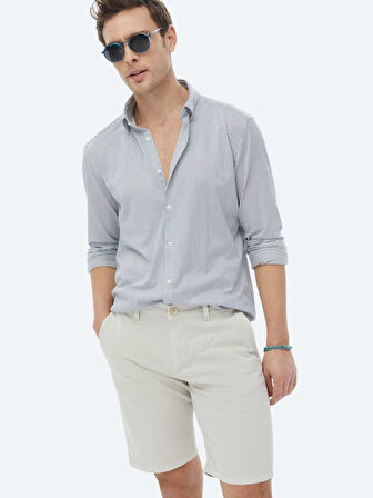 Koyu Mavi Çizgili Regular Fit Casual Pamuk Karışımlı Gömlek