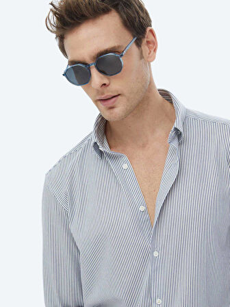 Koyu Mavi Çizgili Regular Fit Casual Pamuk Karışımlı Gömlek