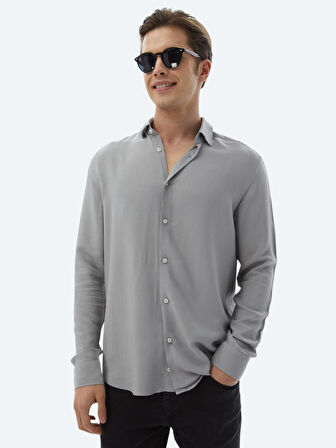 Gri Düz Regular Fit Dokuma Casual Gömlek