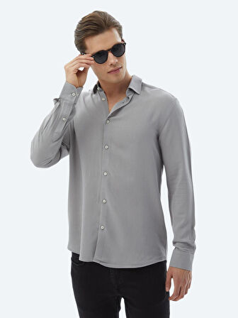 Gri Düz Regular Fit Dokuma Casual Gömlek