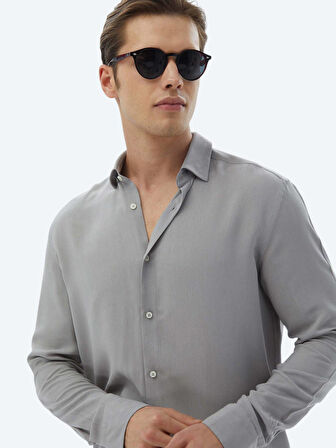 Gri Düz Regular Fit Dokuma Casual Gömlek