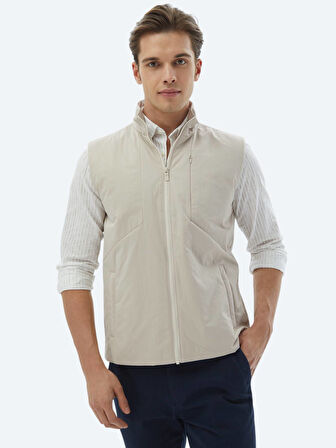 Ekru Regular Fit Dik Yaka Casual Dokuma Spor Yelek