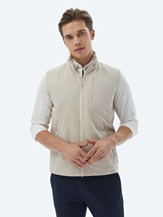 Ekru Regular Fit Dik Yaka Casual Dokuma Spor Yelek