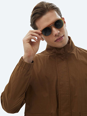 Açık Kahve Oversize Fit Dik Yaka Casual Dokuma Mont