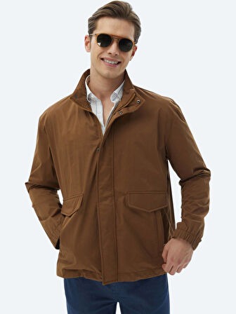 Açık Kahve Oversize Fit Dik Yaka Casual Dokuma Mont