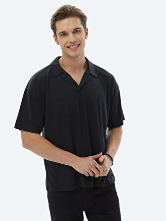 Lacivert Jakarlı Küba Yaka T-Shirt