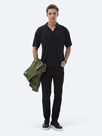 Lacivert Jakarlı Küba Yaka T-Shirt