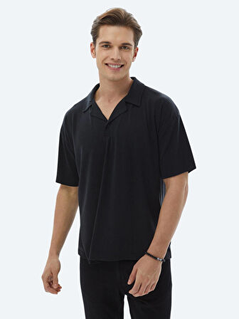 Lacivert Jakarlı Küba Yaka T-Shirt