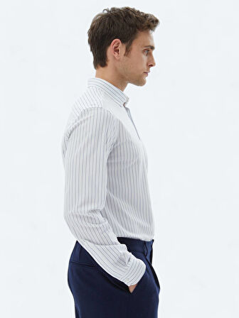 Lacivert Çizgili Regular Fit Casual Pamuk Karışımlı Gömlek