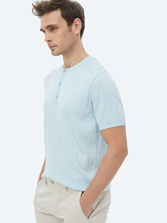 Açık Mavi Hakim Yaka Jakarlı Triko