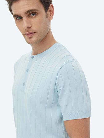 Açık Mavi Hakim Yaka Jakarlı Triko