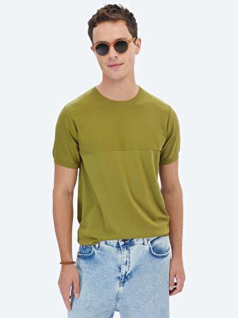 Yağ Yeşili Bisiklet Yaka Ters Örgü Triko