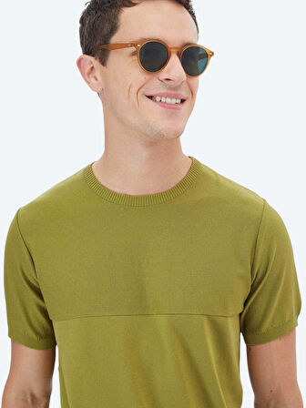 Yağ Yeşili Bisiklet Yaka Ters Örgü Triko