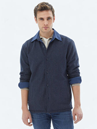 Lacivert Regular Fit Gömlek Yaka Casual Dokuma Mont