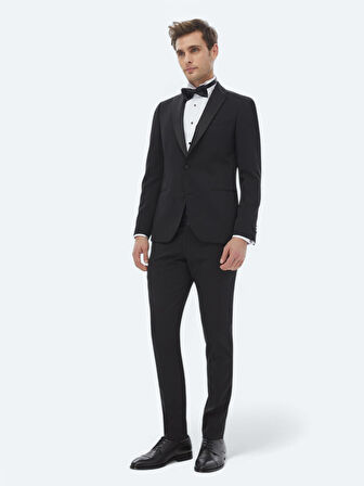 Siyah Düz Slim Fit Çıkarılabilir Kruvaze Yaka Dokuma Smokin Takım Elbise