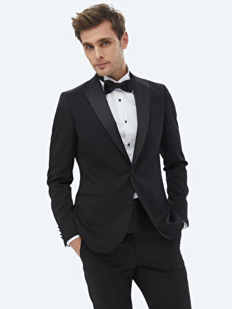 Siyah Düz Slim Fit Çıkarılabilir Kruvaze Yaka Dokuma Smokin Takım Elbise