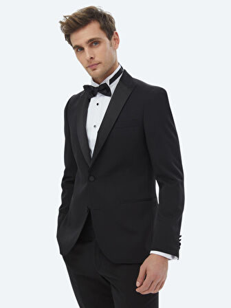 Siyah Düz Slim Fit Çıkarılabilir Kruvaze Yaka Dokuma Smokin Takım Elbise