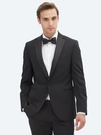 Siyah Slim Fit Çıkarılabilir Mono Yaka Dokuma Smokin Takım Elbise