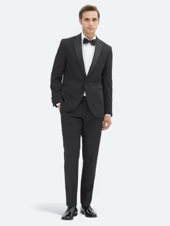 Siyah Slim Fit Çıkarılabilir Mono Yaka Dokuma Smokin Takım Elbise