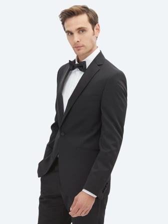 Siyah Slim Fit Çıkarılabilir Mono Yaka Dokuma Smokin Takım Elbise