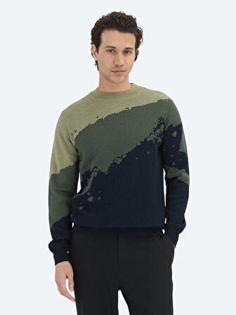 Lacivert Yarım Balıkçı Yaka Desenli Yün Karışımlı Triko Kazak