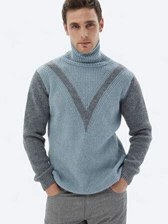 Mint Tam Balıkçı Yaka Desenli Yün Karışımlı Triko Kazak