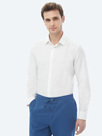 Ekru Düz Regular Fit Dokuma Casual Pamuk Karışımlı Gömlek