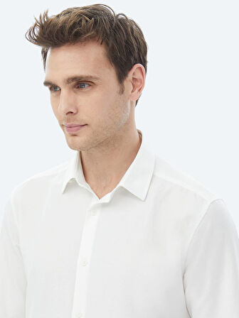 Ekru Düz Regular Fit Dokuma Casual Pamuk Karışımlı Gömlek