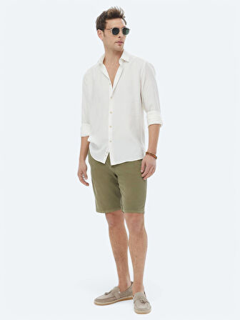 Ekru Düz Regular Fit Dokuma Casual Gömlek