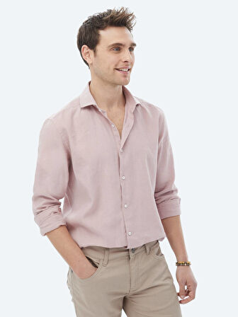 Pembe Düz Regular Fit Dokuma Casual Pamuk Karışımlı Gömlek