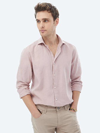 Pembe Düz Regular Fit Dokuma Casual Pamuk Karışımlı Gömlek