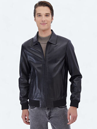 Siyah Regular Fit Bebe Yaka Smart Casual Koyun Derisi Deri Mont
