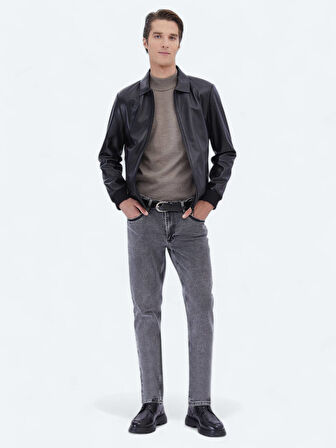 Siyah Regular Fit Bebe Yaka Smart Casual Koyun Derisi Deri Mont