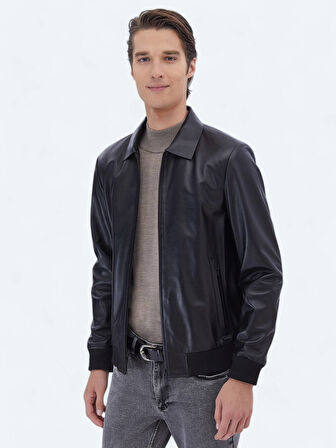 Siyah Regular Fit Bebe Yaka Smart Casual Koyun Derisi Deri Mont