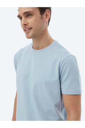 Mavi Düz Bisiklet Yaka Pamuk Karışımlı T-Shirt