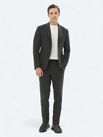 Haki Çizgili Modern Fit Takım Elbise
