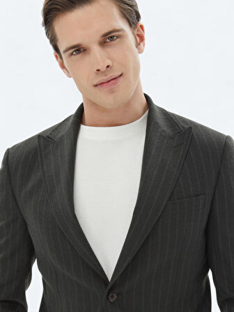 Haki Çizgili Modern Fit Takım Elbise