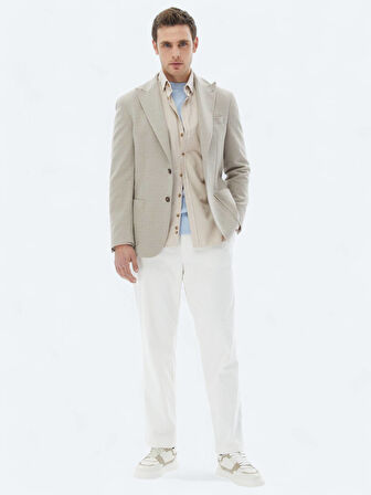 Bej Desenli Modern Fit Pamuk Karışımlı Örme Ceket