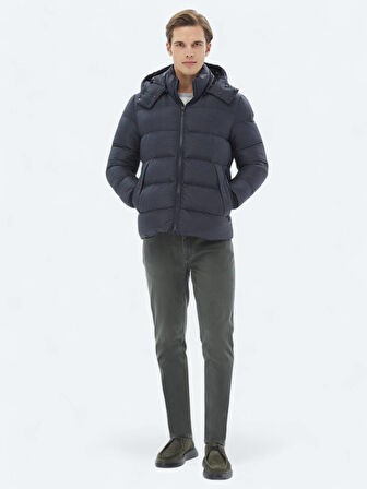 Lacivert Regular Fit Kapüşonlu Casual Dokuma Mont